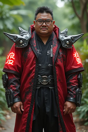 "Envision a hyper-realistic full-length photograph of a distinguished plumpy tough malay age 40,Kung Fu master standing confidently in a lush, serene environment. His spiky stylo black hair, cool glasses, framing his wise and powerful presence. Behind him hovers a , futuristic metallic guarding device in striking black and red metallic hues, adorned with glowing neon Chinese characters that pulse with energy. This imposing device, designed with sharp angles and sleek surfaces, to gether with flying blades serves as both a protective barrier and a tactical companion, responding intuitively to the master’s movements. Describe the details captured in the photograph: the master’s intricate attire that blends traditional and modern elements, his martial arts weapons, and the bold appearance of the floating black and red device. How does the composition of the photograph highlight his unique heritage and mastery of Kung Fu?"

