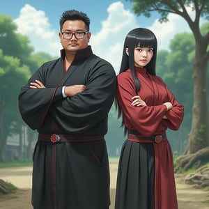 "Create a hyper-realistic photograph featuring a 40-year-old plump tough Malay man, rectangular glasses, standing confidently alongside Hinata Hyuga from the anime 'Naruto.' (anime style} Both characters should be wearing traditional Konoha shinobi attire, showcasing their unique features and styles. The Malay man should embody his distinct characteristics, such as his facial features and hairstyle, while also reflecting Hinata's gentle demeanor and attire. Position them side by side in a dynamic pose that conveys strength and camaraderie, perhaps with their arms crossed or in a ready stance. The background should depict a serene ninja landscape, incorporating elements of the Hidden Leaf Village, such as trees or training grounds. Focus on blending hyper-realistic details with animated elements to create a captivating composition that celebrates both the cultural and fictional aspects. Use vibrant colors and sharp details to enhance the overall impact of the scene."