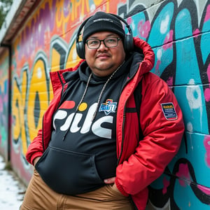 
"Create an illustration featuring a plump and tough Malay man in his 40s, embodying a fashion-forward aesthetic. He is wearing a stylish snow cap and fancy headphones, paired with a thick winter jacket that showcases a 'Fila' design. His cargo pants add a relaxed yet trendy vibe to his outfit. The character should be leaning casually against a wall adorned with vibrant graffiti, capturing the essence of urban culture. Position him in a hip-hop pose that conveys confidence and style, with a playful expression that reflects his fashionista persona. The color palette should be bright and engaging, emphasizing the vibrant elements of his outfit and the dynamic background, creating an overall energetic and fashionable atmosphere."
