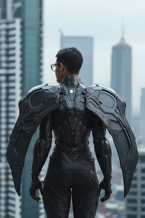 hyper realistic photography of malay guy age 40,rectangular glasses standing elegantly on top of the skyscrapper building, turning back his face to showing his sleek cyberpunk mecha wing 