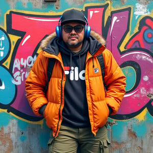 
"Create an illustration featuring a tough Malay guy in his 40s,rectangular glasses, (abangkudat abangmacho84), embodying a fashion-forward aesthetic. He is wearing a stylish snow cap and fancy headphones, paired with a thick winter jacket, sgriking colour that showcases a ''Fila'' design. His cargo pants add a relaxed yet trendy vibe to his outfit. The character should be leaning casually against a wall adorned with vibrant graffiti, capturing the essence of urban culture. Position him in a hip-hop pose that conveys confidence and style, with a playful expression that reflects his fashionista persona. The color palette should be bright and engaging, emphasizing the vibrant elements of his outfit and the dynamic background, creating an overall energetic and fashionable atmosphere."
