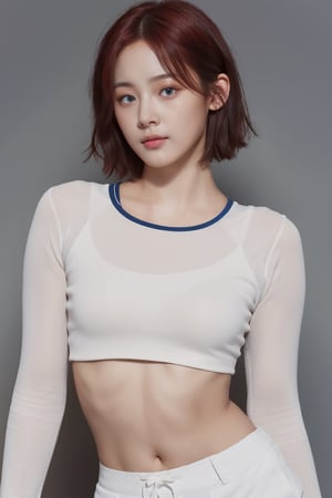 Best quality, masterpiece, red hair, short hair, blue eyes, white hot pants, upper body, belly piercings, white crop top