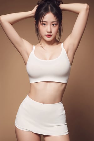 Masterpiece, Best Quality,  High Resolution, white hair color, ponytail, wear crop top with underboobs show, wear hot pants, small breast, slim body, photo from head to toe