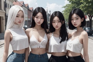3 women. A indonesian, a korean and an american. The 3 women are 17 years old. They are three friends in the square of a town of white houses. Each of the 3 women has a different hair color. They are wearing white transparent crop top. Braless. They have medium size breast