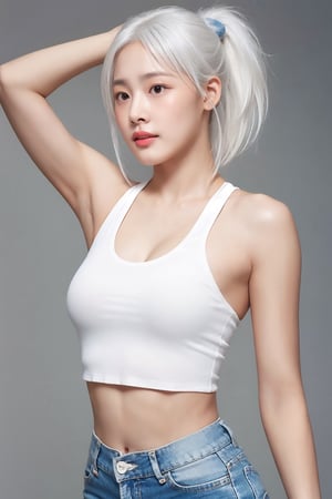 Masterpiece, Best Quality,  High Resolution, white hair color, ponytail, wear mini crop top, wear hot pants, small breast, slim body, photo from head to toe