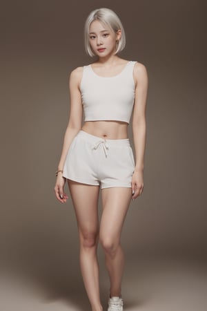 Best quality, masterpiece, white hair, short hair, brown eyes, white sexy fit hot pants, sexy body, navel piercings, transparent white crop top, sleeveless, braless, full body photo