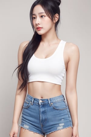 Masterpiece, Best Quality,  High Resolution, white hair color, ponytail, wear mini crop top, wear hot pants, small breast, slim body, full body photo