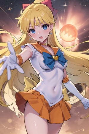(masterpiece,  best quality),  ultra detailed,  1girl, sailor venus,  aino minako,  long hair,  red bow,  hair bow,  blonde hair,  tiara,  blue eyes,  very long hair,  skirt,  bow,  sailor senshi uniform,  gloves,  choker,  orange choker,  jewelry,  orange skirt,  sailor collar,  elbow gloves,  white gloves,  back bow,  pleated skirt,  blue bow,  earrings,  orange sailor collar,  brooch,  heart brooch,  miniskirt,  covered navel,  star choker,  dynamic view,  heart,  heart symbol,  space,  outer space, intense expression, attacking, surrounded by golden energy