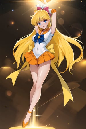 (masterpiece,  best quality),  ultra detailed,  1girl, sailor venus,  aino minako,  long hair,  red bow,  hair bow,  blonde hair,  tiara,  blue eyes,  very long hair,  skirt,  bow,  sailor senshi uniform,  gloves,  choker,  orange choker,  jewelry,  orange skirt,  sailor collar,  elbow gloves,  white gloves,  back bow,  pleated skirt,  blue bow,  earrings,  orange sailor collar,  brooch,  heart brooch,  miniskirt,  covered navel,  star choker,  dynamic view,  heart,  heart symbol,  space,  outer space, planet in background, full body view, looking at viewer, left leg outstretched, right leg pulled up, arms outstretched, floating in space, mouth open, intense expression, surrounded by golden light, attacking, dynamic pose