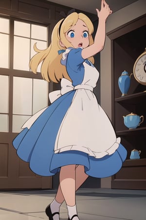 (masterpiece:1.4), (best qualit:1.4), (high resolution:1.4), alice liddell, blue dress, white apron, black hairband, surprised, brown checkerboard, teacups, clocks