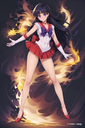(masterpiece,  best quality),  ultra detailed,  1girl, sailor mars,  hino rei,  very long hair,  (purple eyes:1.1),  black hair,  sailor senshi uniform,  heart brooch,  gloves,  red sailor collar,  miniskirt,  jewelry,  earrings,  choker,  elbow gloves,  red skirt,  sailor collar,  white gloves, thighs, covered navel,  star earrings,  (tiara:1.2),  pleated skirt,  dynamic view, closed mouth, serious, red highheels, full body view,  surrounded by flames