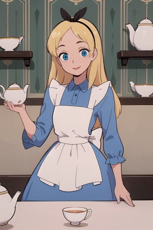 (masterpiece:1.4), (best qualit:1.4), (high resolution:1.4), alice liddell, blue dress, white apron, black hairband, dreamy smile, brown Victorian wallpaper in background, teacup, teapot, clock