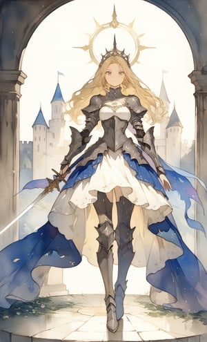 1girl,  solo,  full body,  knightess,  majesty,  armored dress,  standing, holding sword in her left hand, metal halo, background German castle, fairy tale, masterpiece,  best quality,  very aesthetic