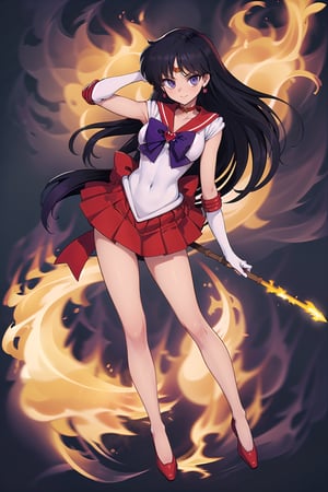 (masterpiece,  best quality),  ultra detailed,  1girl, sailor mars,  hino rei,  very long hair,  (purple eyes:1.1),  black hair,  sailor senshi uniform,  heart brooch,  gloves,  red sailor collar,  miniskirt,  jewelry,  earrings,  choker,  elbow gloves,  red skirt,  sailor collar,  white gloves, thighs, covered navel,  star earrings,  (tiara:1.2),  pleated skirt,  dynamic view, closed mouth, serious, red highheels, full body view, surrounded by flames, shooting fire arrow