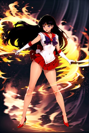 (masterpiece,  best quality),  ultra detailed,  1girl, sailor mars,  hino rei,  very long hair,  (purple eyes:1.1),  black hair,  sailor senshi uniform,  heart brooch,  gloves,  red sailor collar,  miniskirt,  jewelry,  earrings,  choker,  elbow gloves,  red skirt,  sailor collar,  white gloves, thighs, covered navel,  star earrings,  (tiara:1.2),  pleated skirt,  dynamic view, closed mouth, serious, red highheels, full body view, surrounded by a firestorm