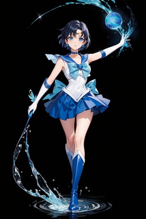 (masterpiece,  best quality),  ultra detailed,  1girl,  sailor mercury,  mizuno ami,  blue eyes,  blue hair,  short hair,  tiara,  sailor senshi uniform,  gloves,  skirt,  sailor collar,  white gloves,  heart brooch,  brooch,  jewelry,  star \(symbol\),  elbow gloves,  choker,  back bow,  star choker,  blue skirt,  blue choker,  bow,  blue sailor collar,  blue bow,  pleated skirt,  miniskirt,  earrings,  circlet,  knee boots, focused expression, walking towards viewer, surrounded by floating magic water, dark cosmic background, full body, fighting stance