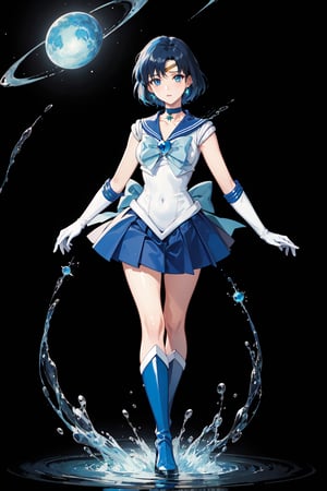 (masterpiece,  best quality),  ultra detailed,  1girl,  sailor mercury,  mizuno ami,  blue eyes,  blue hair,  short hair,  tiara,  sailor senshi uniform,  gloves,  skirt,  sailor collar,  white gloves,  heart brooch,  brooch,  jewelry,  star \(symbol\),  elbow gloves,  choker,  back bow,  star choker,  blue skirt,  blue choker,  bow,  blue sailor collar,  blue bow,  pleated skirt,  miniskirt,  earrings,  circlet,  knee boots, focused expression, walking towards viewer, surrounded by floating magic water, dark cosmic background, full body, fighting stance