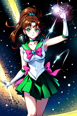 masterpiece, best quality, 1girl, solo, anime screencap,1990s \(style\), (art by Naoko Takeuchi), EPsmSailorJupiter, green eyes, brown hair, long hair, ponytail, hair ornament, hair bobbles, brooch, heart brooch, jewelry, tiara, choker, green choker, star choker, skirt, green skirt, pleated skirt, bow, back bow, pink bow, gloves, white gloves, elbow gloves, earrings, sailor collar, star (symbol), green sailor collar, sailor senshi uniform, cosmic background, surrounded by thunder, throwing thunder ball, focused expression