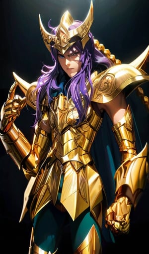 solo, long hair, looking at viewer, blue eyes, 1boy, closed mouth, standing, purple hair, male focus, cowboy shot, cape, armor, character name, shoulder armor, gauntlets, clenched hand, pauldrons, breastplate, full armor, gold armor