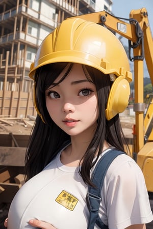 Pregnant Taiwanese 30-year-old woman wearing yellow helmet, half-length photo, pregnant belly on construction site