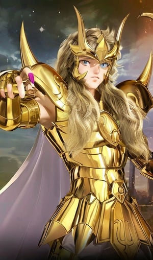 solo, long hair, looking at viewer, blue eyes, blonde hair, 1boy, male focus, cape, nail polish, armor, gold armor