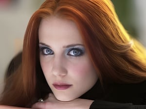 ginger girl, straight hair, beautiful, make-up, (eyeliner, eyelashes), black clothes, skin details, looking at viewer, 