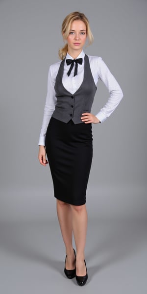 The image shows a waitress standing, with an elegant posture. She wears a formal uniform consisting of a knee-length black tube skirt, a white shirt with gray stripes, and a dark gray vest over it. She also has a black bow tie. She is wearing black high heels and has her blonde hair shows in a ponytail, with some hair bangs over his face. Her expression seems to be neutral or slightly serious. Grey seamless backdrop. 