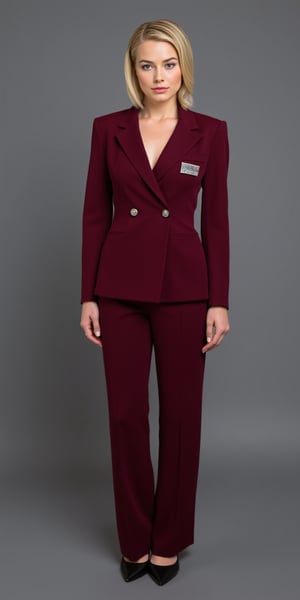 woman standing with a serious and confident expression. She wears a dark red two-piece formal suit, consisting of a jacket and pants. The jacket is a double-breasted style and appears to have a sleek and professional design. On her chest she has an identification plate that stands out from her outfit. The woman has short blonde hair, combed to the side. Her shoes appear to be dark and formal, matching her work outfit. Grey seamless backdrop.