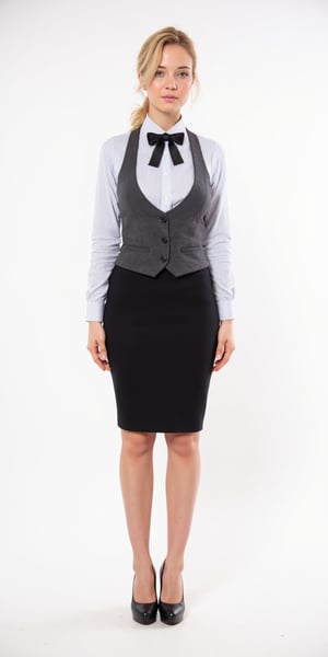 The image shows a waitress standing, with an elegant posture. She wears a formal uniform consisting of a knee-length black tube skirt, a white shirt with gray stripes, and a dark gray vest over it. She also has a black bow tie. She is wearing black high heels and has her blonde hair shows in a ponytail, with some hair bangs over his face. Her expression seems to be neutral or slightly serious.