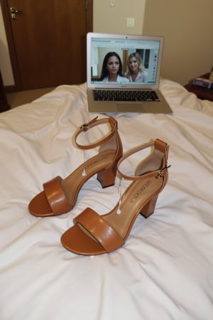 Photography of a pair of ankle strap heeled sandals displayed over a bed, in a hotel bedroom. Right next to it is a photography of a young woman displayed on a laptop screen. These shoes has a white thick liquid spots dripping of it. 