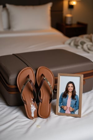 Photography of a pair of flip flops sandals displayed over atravel suitcase, on a bed, in a hotel bedroom. Right next to it is a picture of a young woman in a photo frame, which has a white thick liquid spots dripping of it. 