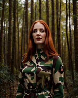 1girl, solo, ginger hair, (straight hair, pale skin), makeup, cinematic lighting, (photo, realistic), epiCRealism, highly detailed, upper body, portrait, army soldier uniform, camouflage, forest landscape, (smoon:1.0)