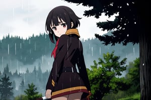 1girl, megumin, comic, battle, only black and white colors,Megumin,portraithighly detailed, high quality, good color mix, (full rear and panoramic shot), a girl, alone, Megumin from konosuba, sad atmosphere, (eyes with tears, looking down) dressed according to the character described, in a forest with a noticeable heavy rain,detailed background.