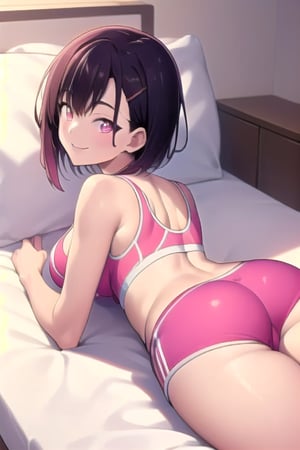 masterpiece, best quality, ultra detailed, high-resolution, 8k, detailed beautiful face and eyes, (perfect anatomy), smiling, 

lying down, ass focus, looking at viewer, 

,shizukazom100, 1girl, short hair, dark purple hair, bangs, hair ornament, hairclip, pink eyes, white pupils, medium breasts, collarbone, sports bra, navel, midriff, pink shorts,