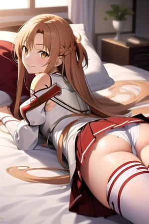 masterpiece, best quality, ultra detailed, high-resolution, 8k, detailed beautiful face and eyes, (perfect anatomy), smiling, 
panty, 

lying down, ass focus, looking at viewer, 

,aaasuna, long hair, brown hair, braid, brown eyes, bare shoulders, armor, breastplate, white sleeves, detached sleeves, red skirt, pleated skirt, white thighhighs