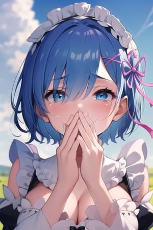 masterpiece, best quality, ultra detailed, high-resolution, 8k, detailed beautiful face and eyes,
one woman,crying,flushed cheeks, outdoor, sky, Tears of Joy, (squinted eyes:1.2), wind, 

aarem, short hair, maid headdress, x hair ornament, hair ribbon, hair over one eye, large breasts, frills, neck ribbon, cleavage, dress, detached sleeves, white apron, waist apron, white pantyhose,covering mouth with hands
