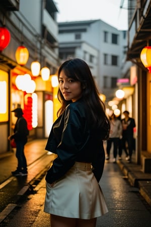 Realistic 16K resolution bullet time photography of 1 girl with exquisitely perfect face, joyful face, wearing fashionable outfit, standing in front of a large red ball in Tainan alley, displaying exaggerated posture and movement, illuminated by film grain, Film photo style, realistic skin, Rough skin, fish-eye lens, dramatic lighting, soft lighting.