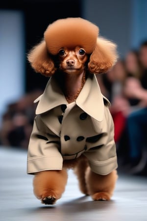 A cute Red Toy Poodle puppy dressed in a human trench coat is mimicking human walking with an alluring gait on the runway at a fashion show.