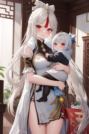 (Masterpiece:1.3), (Best Quality:1.3), (high resolution), (intricate details),  (toned), uhd, (ultra_detailed)), (perfect face), (cute face), ningguang \(genshin impact), 2girls, Baby, you’re my home, silver hair, long hair, hair ornament, red eyes, (holding a baby girl:1.2), baby girl with hair ornament shenhe, blush, calm smile, standing, looking at viewer, indoors on home