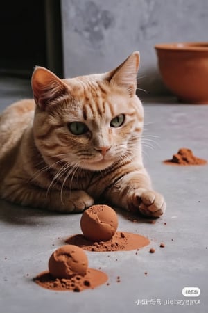 1 cat playing with clay, photography, best quality, medium shot