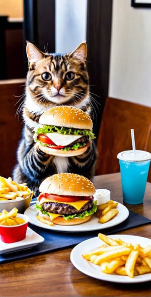 A cat sits on table and lowering his head to eat a humburger with fries that is sitting on a plate and a cup of soft drink on the side, meme