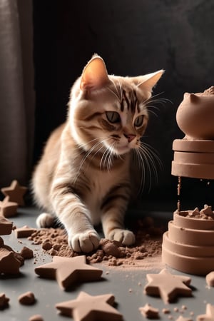 A cat is playing with clay and making many stars
, Photography, Best Quality, Medium Shot, 9:16