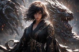 1girl, short hair, looking at viewer, bangs, long white sleeves. behind him there is monster with horn, hair between eyes, full lenght body, braid, black hair, wide sleeves, hollow, robe, black robe, shallows depth of field, dramatic light, perfect composition