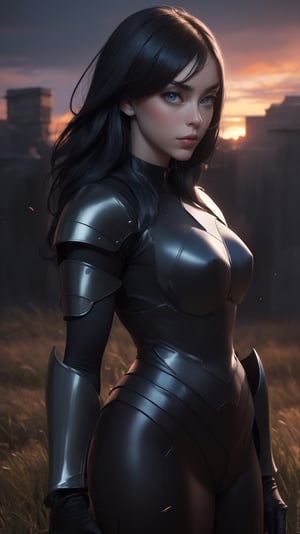 wallpaper, ultra detailed, beautiful and aesthetic, masterpiece, Woman, the most beautiful form of chaos, elegant, a brutalist designed, vivid colours, solo, abandoned, dramatic ligting, Realist portrait of a deception of (a warrior standing, ((On a field)), ((Fully clothed)), ((glossy skin-like armor)), (()), sunset, golden hour light, Overcast, Detailed background, Dark, field, looking to horizont, Cinematic, pessimistic, Masterpiece, Best quality, RAW photo, up-close, zoomed, Photorealistic, ((view the viewer)), Hold yourself, Translucent, , beautiful realistic photo, Surreal fantasy photos, 8K, Ultra detailed, Detailed skin, Blue eyes, Dark skin, (()), (()), (before battle),, particles, angle of view, Portrait, bottom angles, Mist, Shallow depth of field ), cool vibes, killer, masterpiece, tense atmospheric, Comic Book-Style, Movie Aesthetic, action shot, photo real