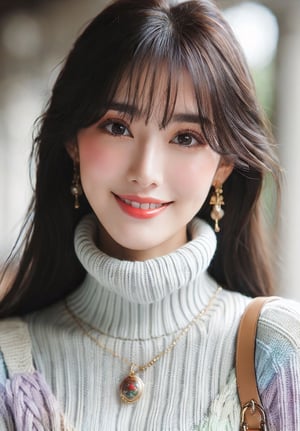 Beautiful and delicate light, (beautiful and delicate eyes), fair skin, smile, oval face, (brown eyes), (long black hair), dreamy, medium chest, female 1, (frontal shot), Taiwanese girl, bangs , soft expression, tall, elegant, smiling face, 8k art photo, realistic concept art, realistic, portrait photography, accessories, necklace, small earrings, bag, fantasy, jewelry, ponytail, pleated skirt, multi-color top, half zipper Knitted Twisted Turtleneck Half-Zip Sweater