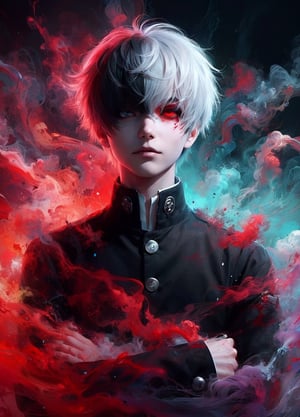 (1boy) portrait, best quality, ultra high res, ultra detailed, black and red, ((translucent)), clear, ((ghostly)), colorful smoke, ((ghostly)), transparently air, amazingly fluid air, detailed, light particles, vivid color,high contrast color tone, extremely detailed lighting, cinematic lighting, soft lights, (masterpiece, high quality:1.4), (kaneki ken, black hair, white hair, red and black eye, blood eyes, black clothes, scorpio tentacles), , , blood, black background, thrilling, (fierce face),kaneki ken