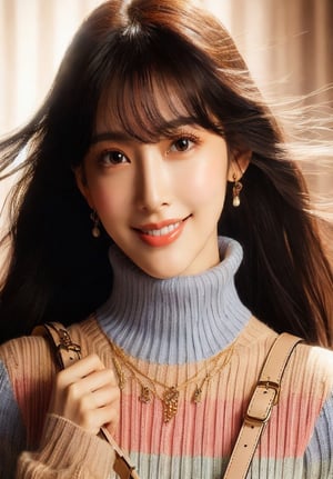 Beautiful and delicate light, (beautiful and delicate eyes), fair skin, smile, oval face, (brown eyes), (long black hair), dreamy, medium chest, female 1, (frontal shot), Taiwanese girl, bangs , soft expression, tall, elegant, smiling face, 8k art photo, realistic concept art, realistic, portrait photography, accessories, necklace, small earrings, bag, fantasy, jewelry, ponytail, pleated skirt, multi-color top, half zipper Knitted Twisted Turtleneck Half-Zip Sweater