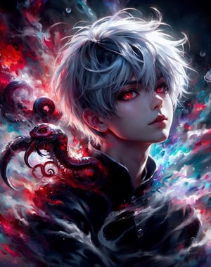 (1boy) portrait, best quality, ultra high res, ultra detailed, black and red, ((translucent)), clear, ((ghostly)), colorful smoke, ((ghostly)), transparently air, amazingly fluid air, detailed, light particles, vivid color,high contrast color tone, extremely detailed lighting, cinematic lighting, soft lights, (masterpiece, high quality:1.4), (kaneki ken, black hair, white hair, red and black eye, blood eyes, black clothes, scorpio tentacles), , , blood, black background, thrilling, (fierce face),kaneki ken
