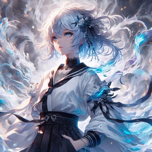 (1girl) Portrait, full body shot, best quality, ultra high resolution, ultra detailed, transparent air , stunning fluid air, detailed, light particles, vivid colors, high contrast tones, extremely detailed lighting, cinematic lighting, soft lighting, (Masterpiece, High Quality: 1.4), (Ken Kaneki, gray hair, white hair , blue eyes, white clothes, ), black bottom, thrilling, (fierce face), Kaneki