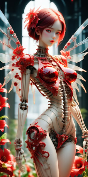 1 girl, body constructed by intricate transparent color glass skeleton and mechanical parts and also covered by red flowers,  
pearls, fashion, mechanical wings, unreal engine, masterpiece, Leica M6,Tamron 70-200 mm,70 mm, f/1.8.,Vibrant colors palettes,girl